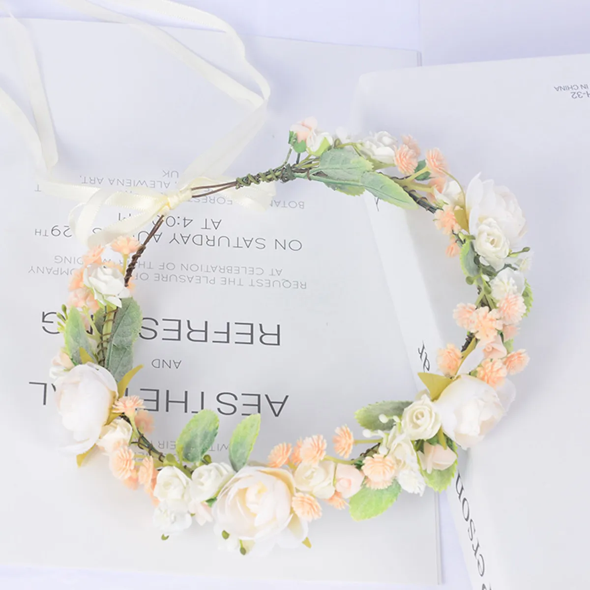Bridal Wreath Headdress Silk Cloth Iron Wire Adjustable Wedding Flower Crown for Bride Communion Celebration Photography