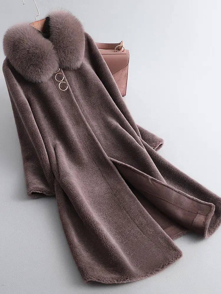 Special sale clearance: Women's women's woolen shear-cut coat, Haining Fox fur collar and fur integrated medium-length wool coat