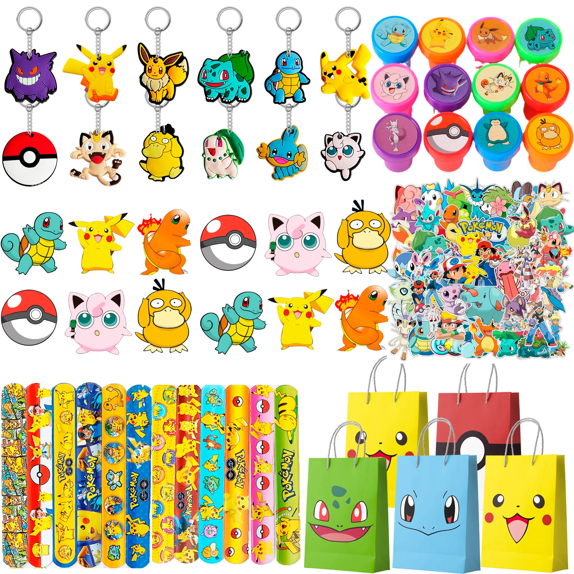 Favores de fiesta de cumpleaños de Pokémon para niños, 110 Uds. Suministros de fiesta de Pokémon-Insignias de bolsa de regalos de Pikachu, pegatinas, etc. Bombones de Pokémon