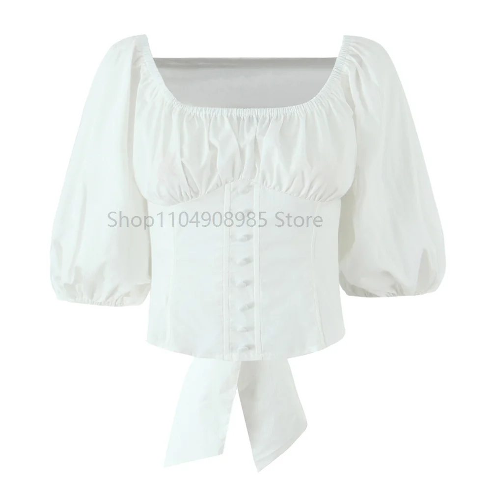 

Summer New Product Women's Sweet Blouse Fashion Casual Versatile Tight Bow Bubble Sleeve Short Shirt Top