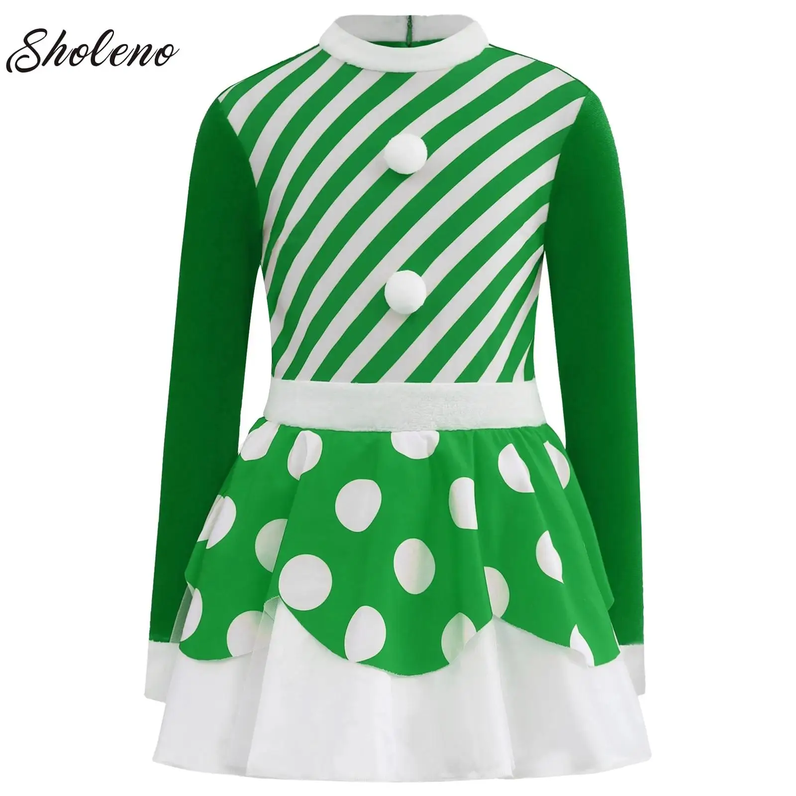 

Kids Christmas Candy Cane Cosplay Costume Girls Long Sleeve Pompom Striped Ballet Dress Dancewear Stage Performance Clothes