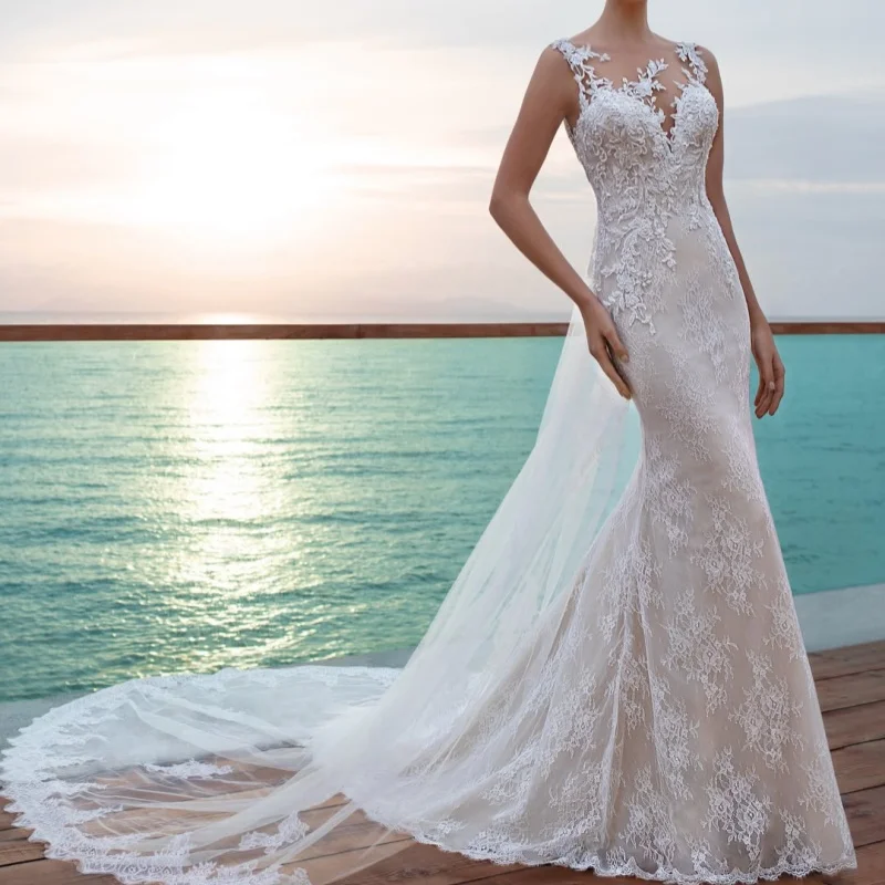 Ivory White Lace  Appliques Wedding Dresses Decal Skirt Long Tail Fishtail Skirt Made Wedding Dress Bridal Gown Customize