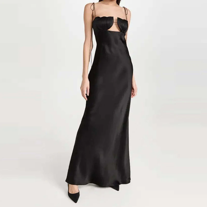 Sexy V-ausschnitt Hohl Spitze-Up Abendkleid Frauen Mode Hohe Taille Schlank Solide Party Kleid Elegante Ärmellose Satin Lange kleider