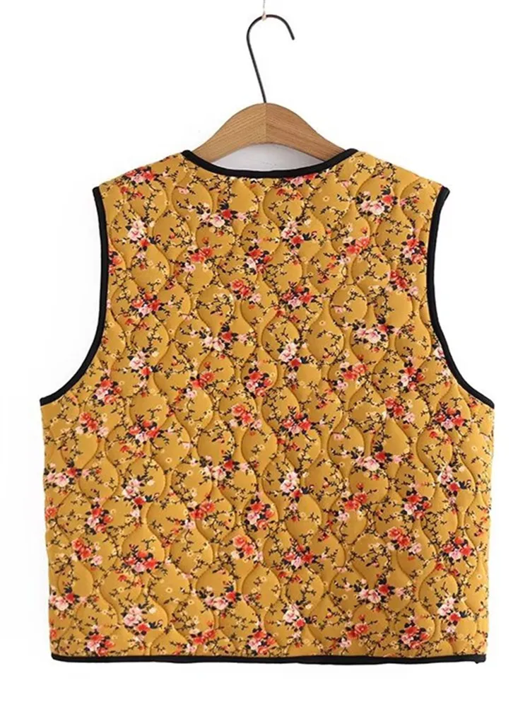 Plus Size Women\'s Vest With Cotton Sandwich Sleeveless Waistcoat Small Floral Print Waistcoat Buttoned Cardigan With Pockets