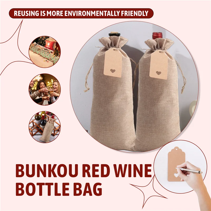 YWDZ-Burlap Wine Bags Wine Gift Bags With Drawstrings, Single Reusable Wine Bottle Covers With Ropes And Tags (10 Pcs)