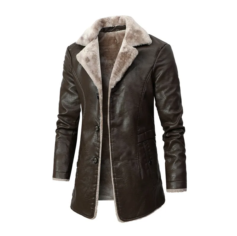 Upgrade Your Business Attire with this Faux Leather Coat - Men's Long Coat with Thickened Collar