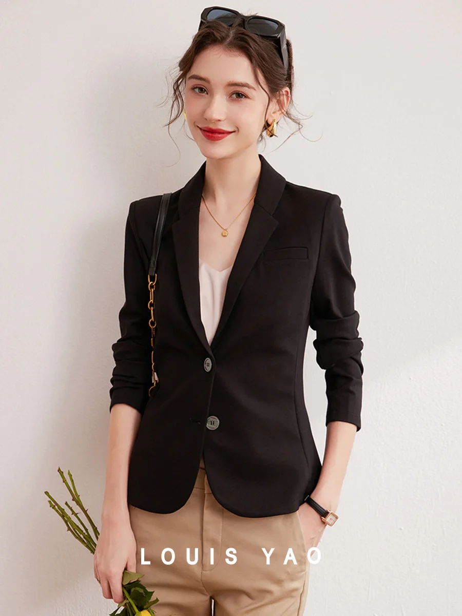 LOUIS YAO 2024 Jesienna moda Garnitur slim fit z klapami Retro Dzianina Micro Elastyczna naramiennik Damska kurtka z długim rękawem