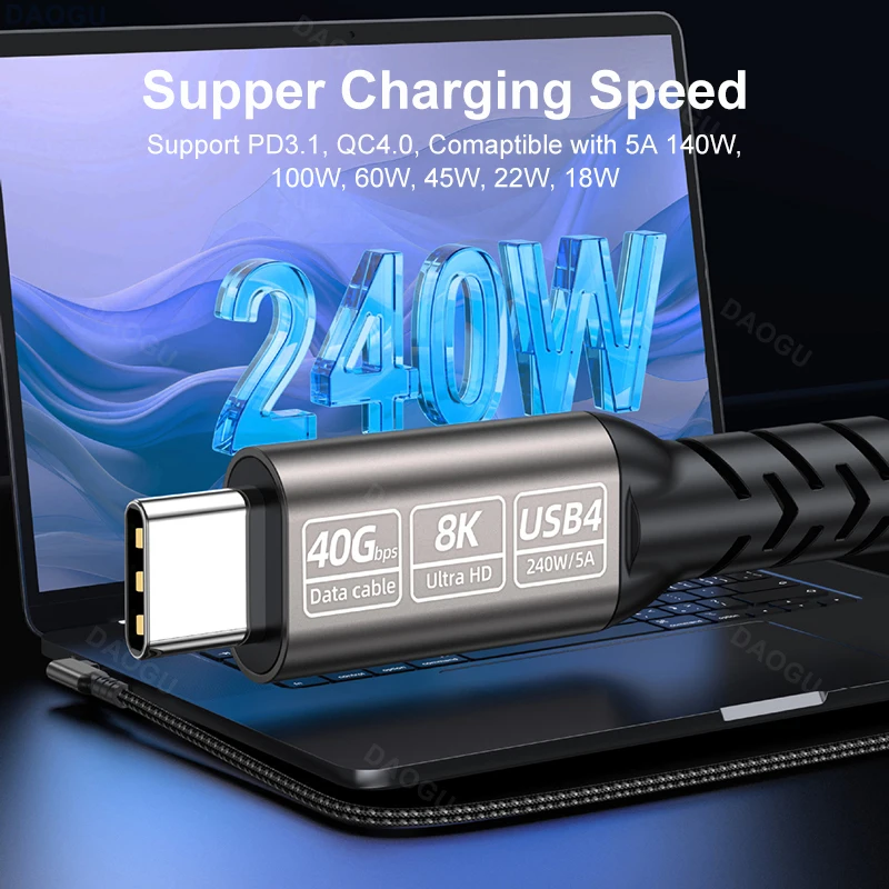 كابل USB4 40 جيجابت في الثانية من النوع C إلى C سلك بيانات PD 5A 240 وات شحن سريع 8K 60 هرتز فيديو متوافق مع Thunderbolt 4 3 USB 90 درجة الكوع