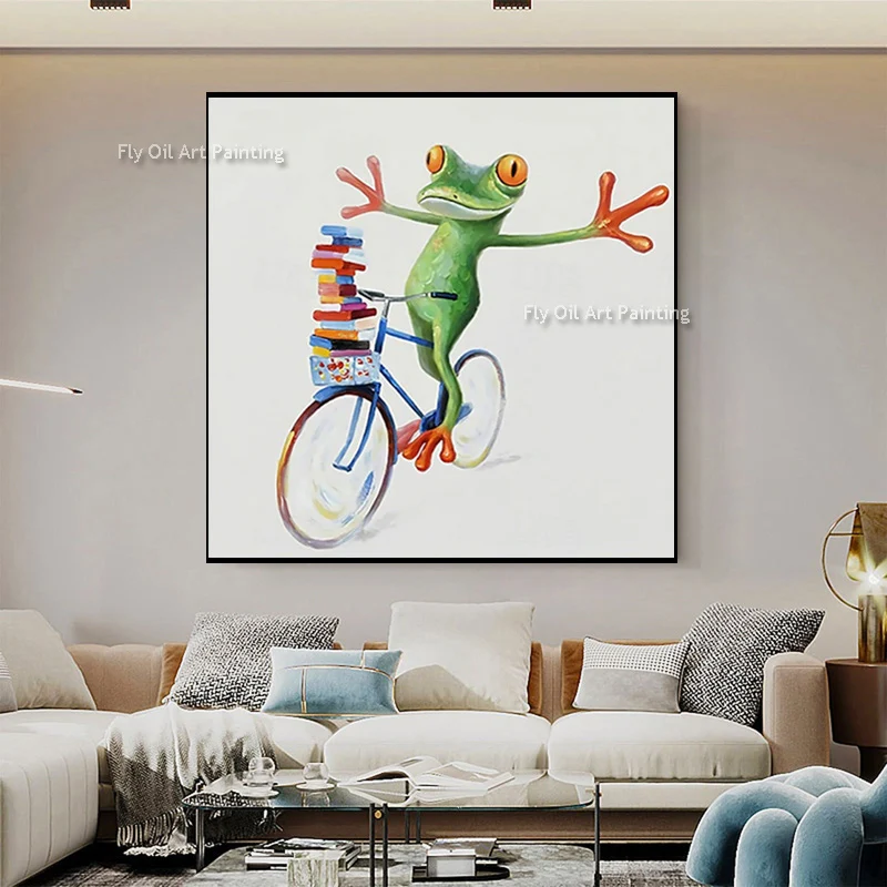 Fashion Artwork Green Beige Abstract Frog On A Bicycle Oil Painting New Hand Drawn Orange Green Frogs Playing Violin Home Wall A