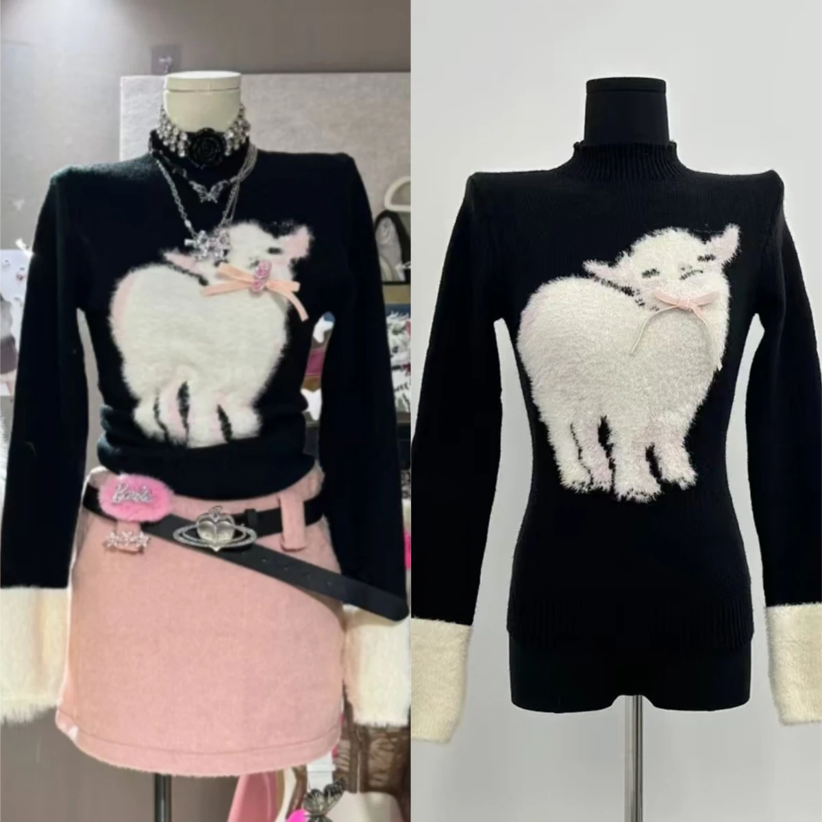 Kawaii Korean Style Women Turtleneck Pullover Sweater Autumn Winter 2000s Aesthetic Cozy Loose Casual Daily Knit Jumper Tops