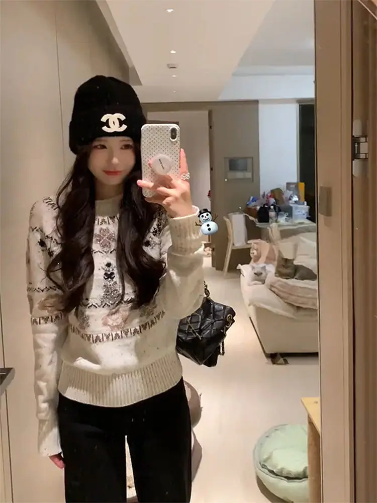 

Новый вязаный свитер для женщин на осень-зиму, приталенный, с узором Fair Isle и оленями, повседневный, свободный, с длинными рукавами