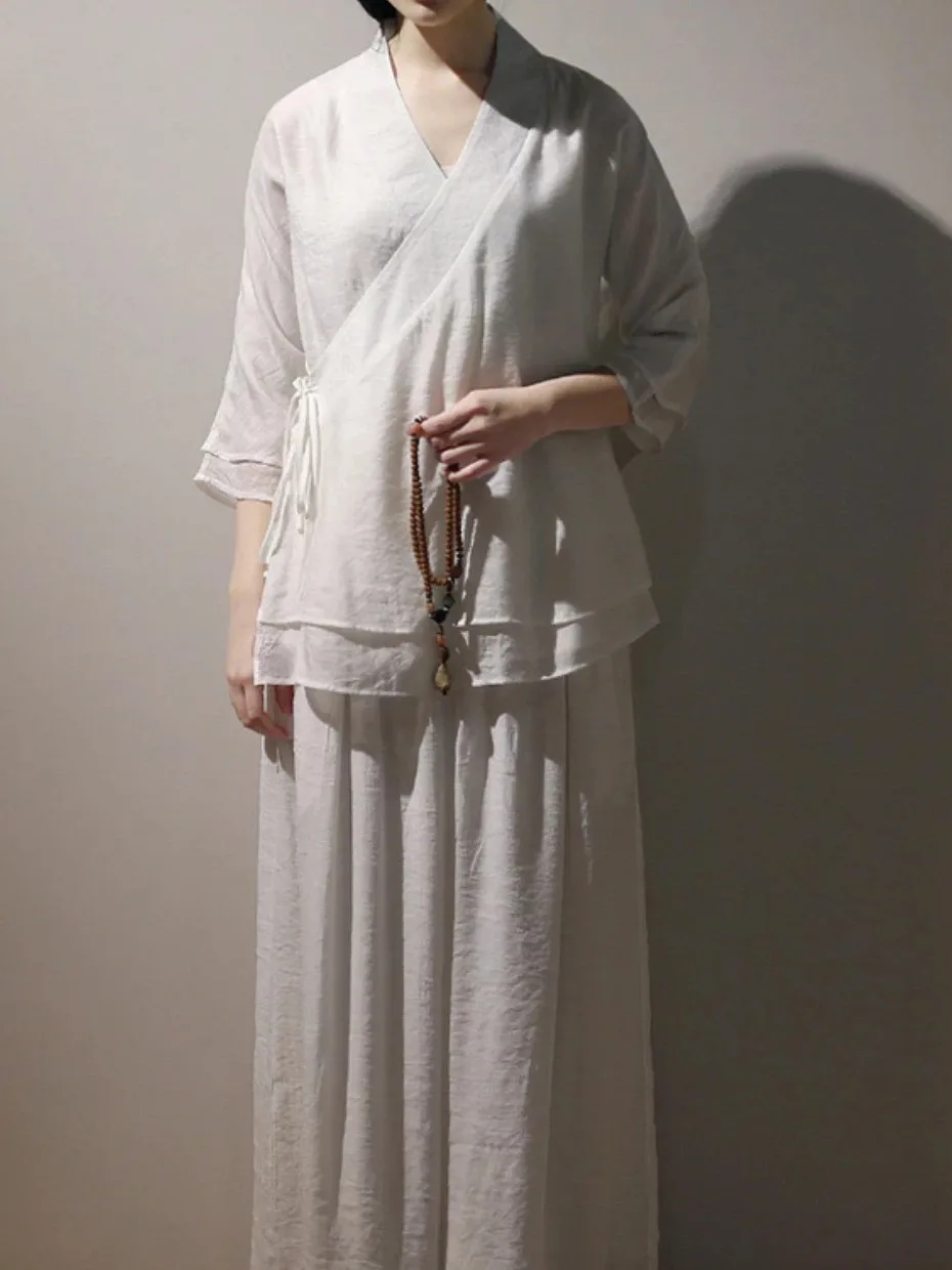 White Zen Meditation Tea Ceremony Suit Women's High-End Sensation Buddhist Layperson's Clothing Set Chinese Style Spiritual