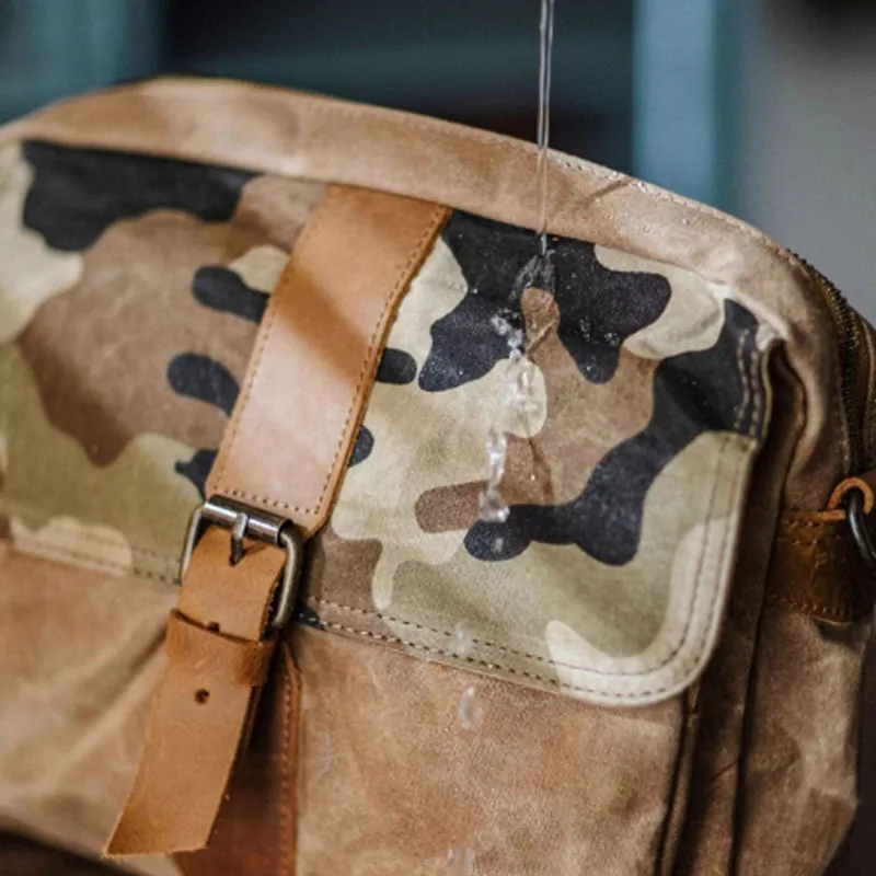 AETOO Japanese-style Amekaki camouflage canvas crossbody bag, retro crossbody bag, cowhide postman bag, casual single-shoulder b view 3