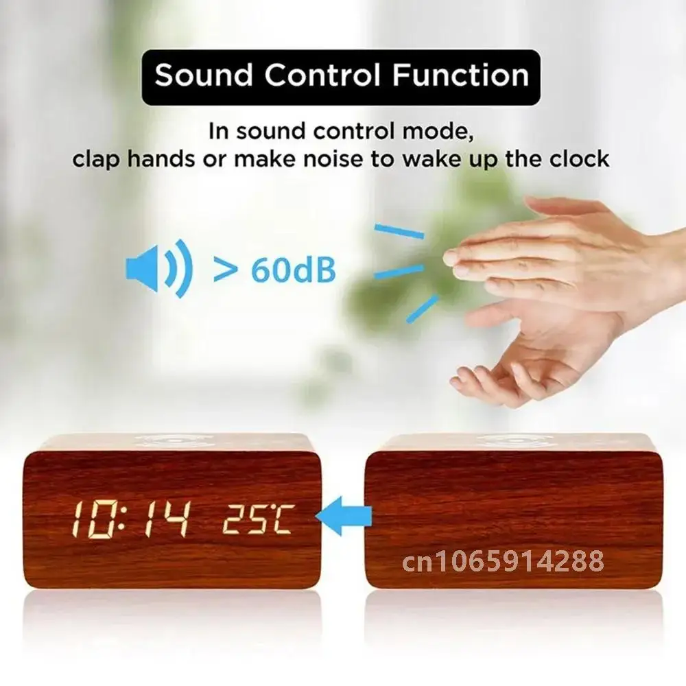 Alarm Clock LED Digital Wooden USB/AAA Powered Table Watch with Temperature Humidity Wireless Charging Electronic Desk Clocks