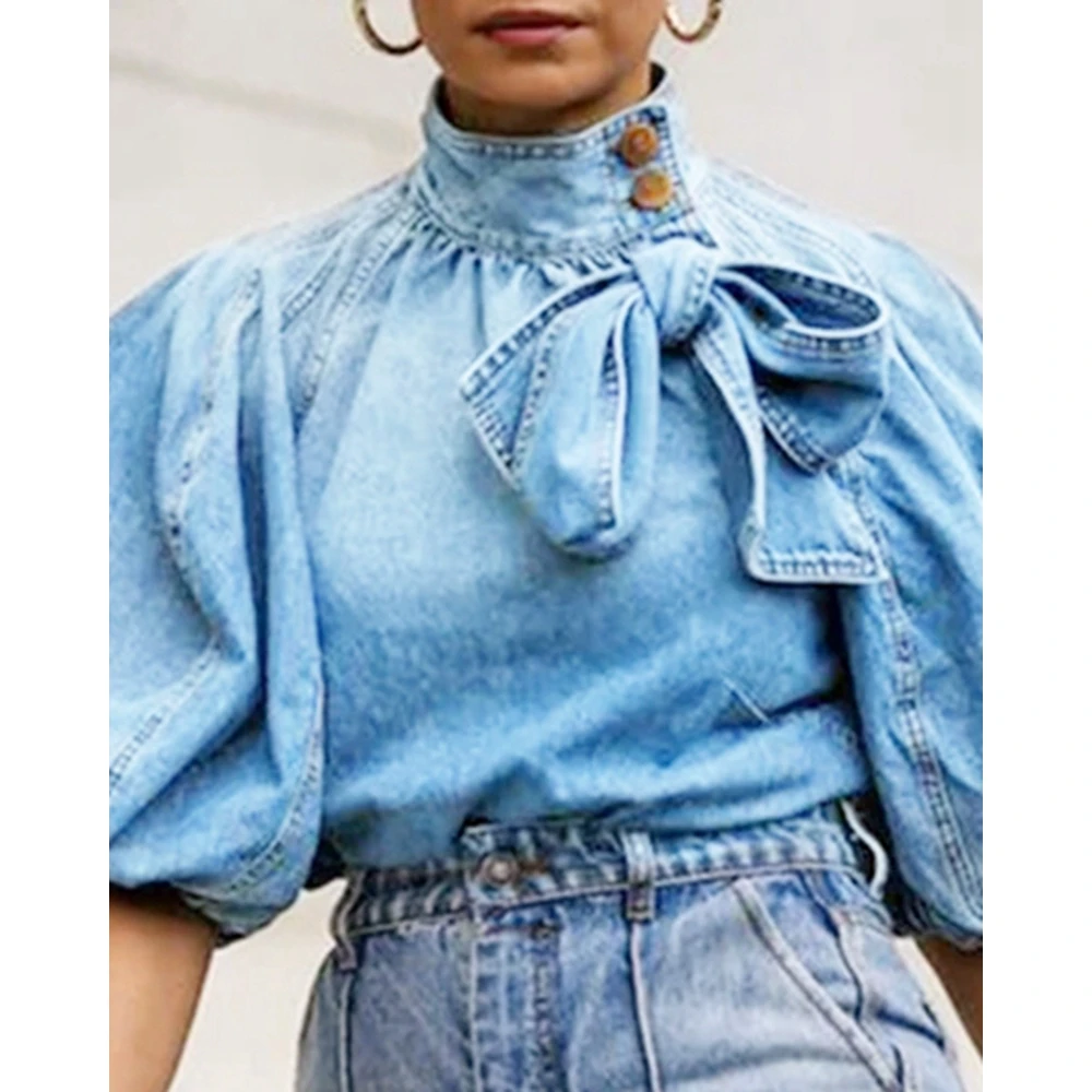 Women Bowknot Design Half Sleeve Denim Blouse Top Casual High Neck Buttoned Lantern Sleeve Shirt Female Spring Blusa Mujer Traf