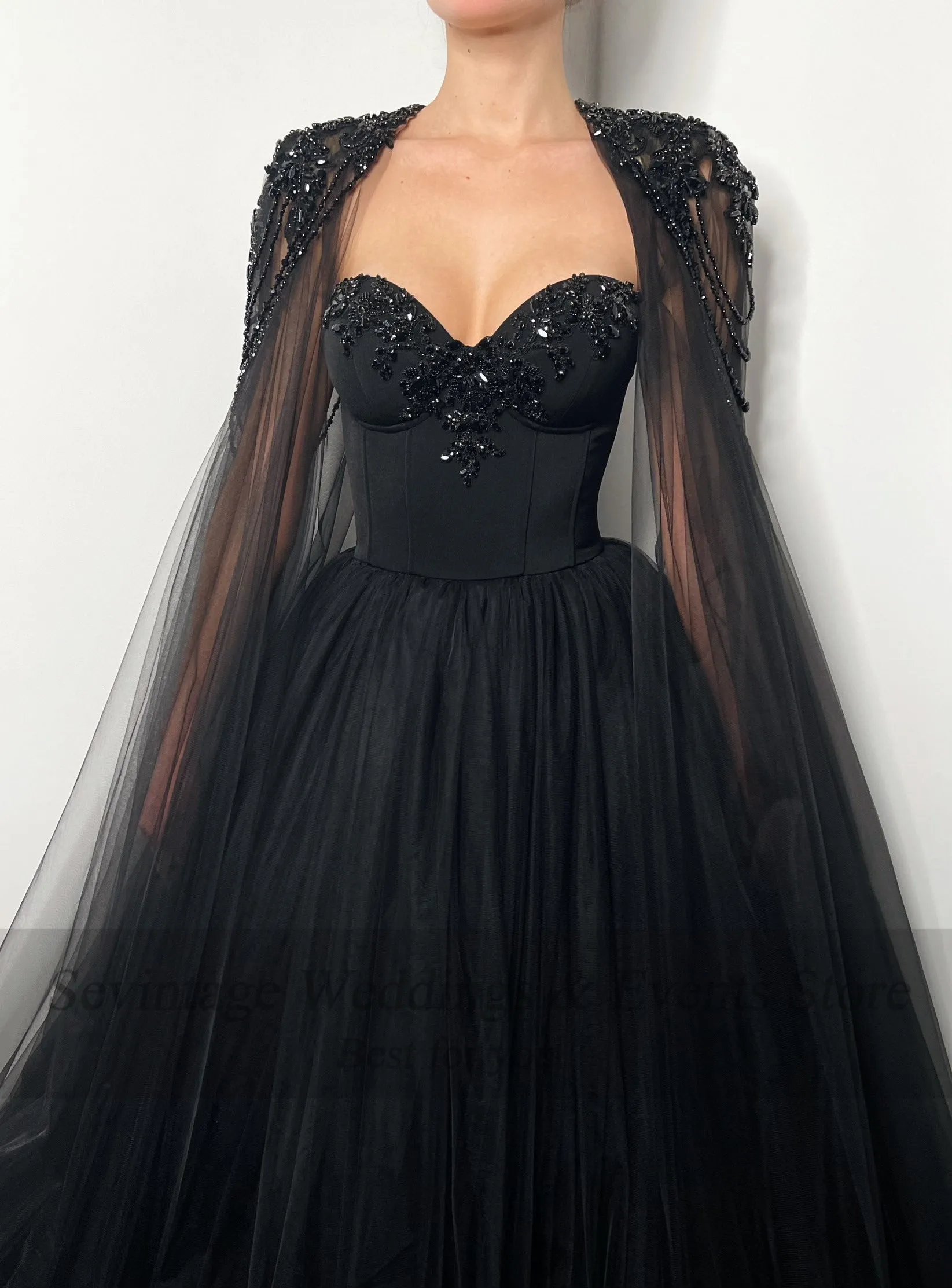 Sevintage Black A Line Tulle 2 Pieces Prom Dress with Beading Detachable Cape Evening Dresses Lacing Back Formal Party Gowns