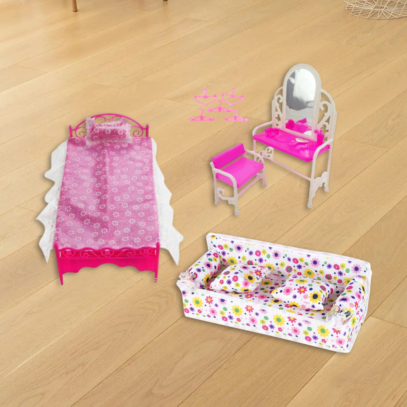 9Pcs 1:6 Doll Furniture Accessories, Dressing Table and Chair, Miniature Model Sofa Bed for Home Bedroom Scenery Supplies