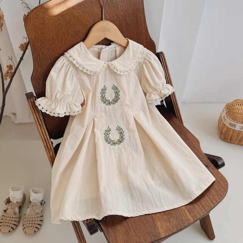

Summer Dress 2025 Girl Clothes Korean Vintage Embroidery Lace Kids Girls Clothes Short Sleeve Elegant Children'S Princess Dress