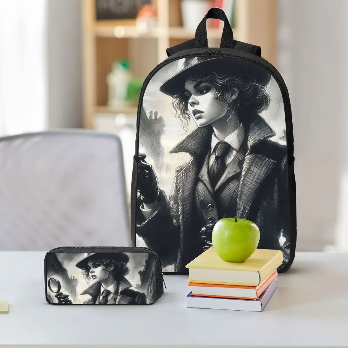 Vintage Detective Women'S Work Scene Backpack Student BookBag School Bag Shoulder Bags 3ps Insulated Lunch Bag Pencil Case