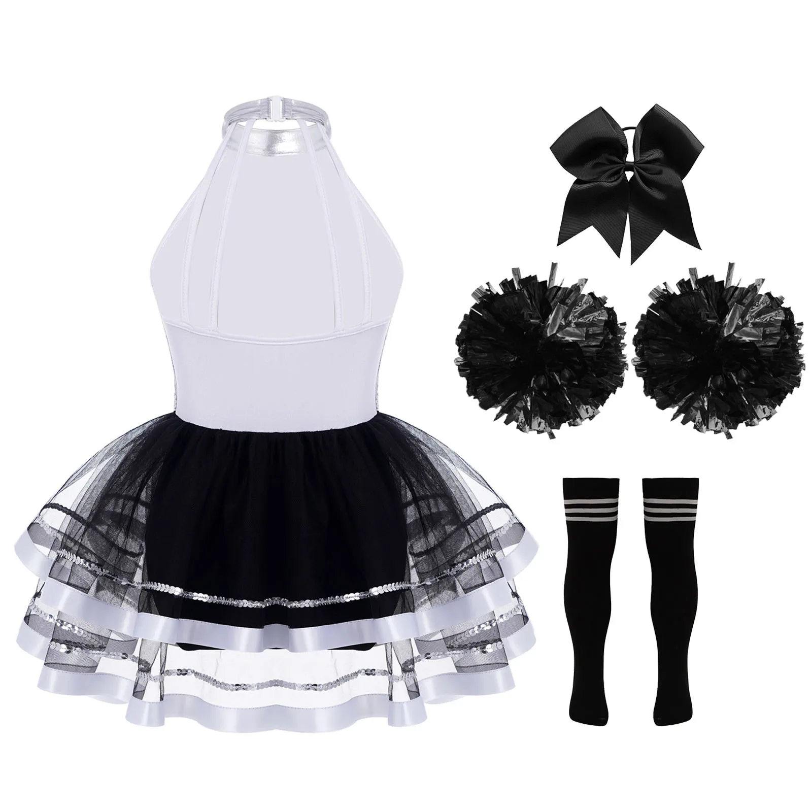 Kids Girls Cheerleading Dance Outfit Cheerleader Costume Sleeveless Halter Sparkling Sequins Backless Tulle Tutu Dress Dancewear
