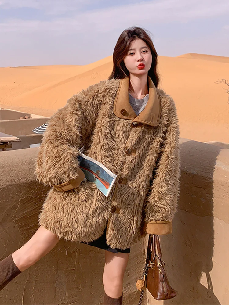

Двусторонняя женская куртка из овечьей шерсти, осенне-зимнее теплое хлопковое пальто, имитация овчины, с интегрированным пушистым мехом