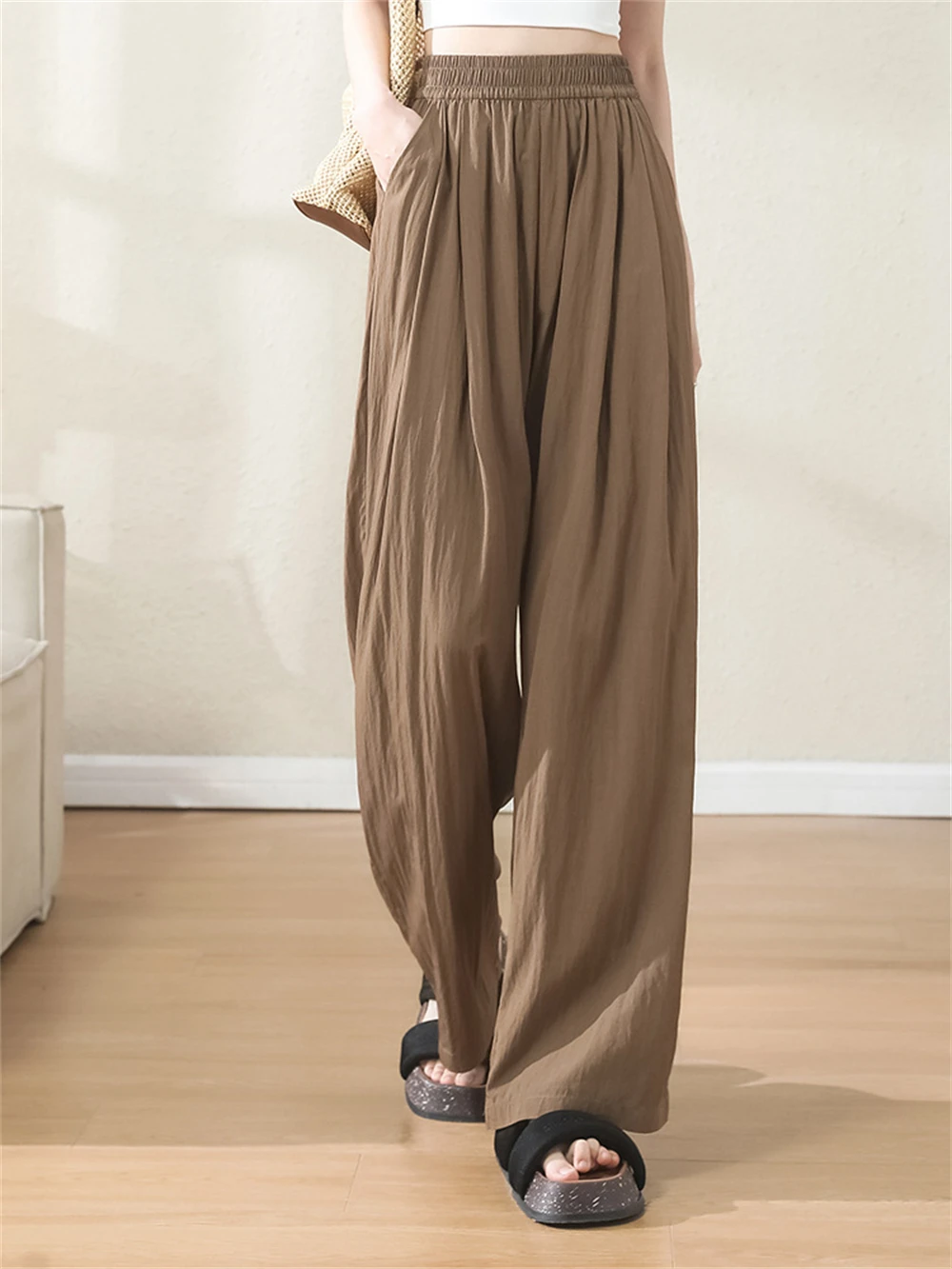 

Summer Thin Pleated Wide-leg Pants Women High-waisted Casual Loose Trousers Ladies Korean Style All-match Breathable Pantalones