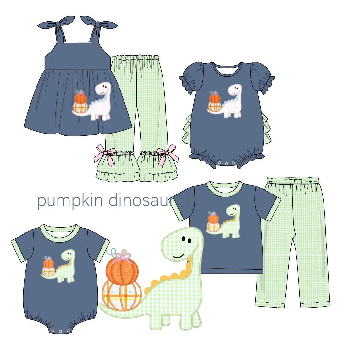 

Baby Short Sleeve Set Round Neck Cute Pumpkin And Dinosaur Applique Boy Blue Top Clothes And Lattice Pants With Girls Romper