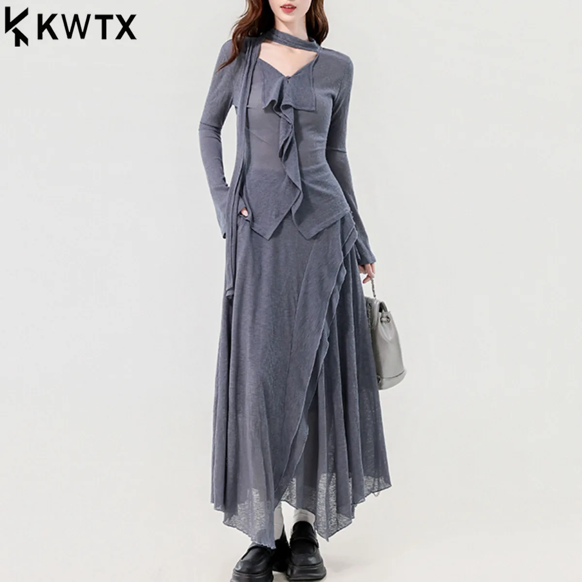 KWTX 2025 ensemble 2 pièces pour femmes à manches longues col en V volant t-shirt jupe asymétrique solide automne élégant Vintage Chic luxe
