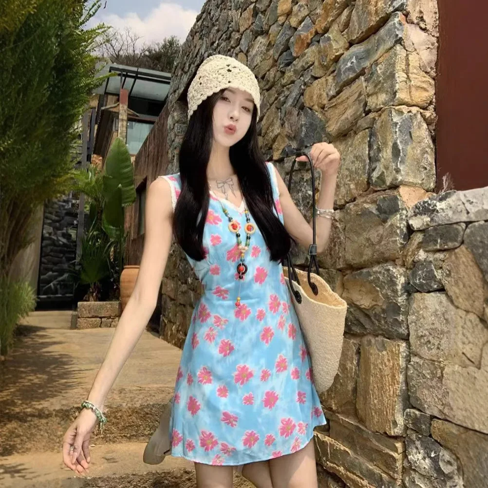 Lace Trim  Tank For Women Summer Design Sense Beach Vacation Style Slim Waist Short Dress