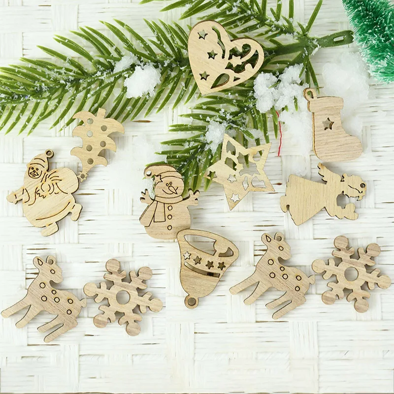 Christmas Decor Wooden Pendants Angel, Deer, Ball, Snowman, Christmas Tree Cutouts Tag Tree Hanging Decor New Year Party Gift