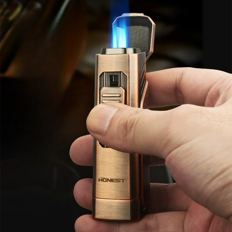 HONEST trois Jet coupe-vent flamme bleue torche à gaz Butane briquet fenêtre à gaz Visible pliant cigare diamant briquets à cigares fumer