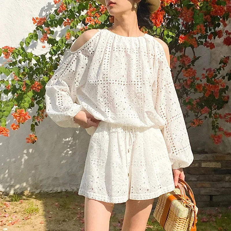 

WildPinky Women's Spring Summer Holiday Style Shorts Set Long Sleeve White Cotton Embroidered Top Matching Bottoms