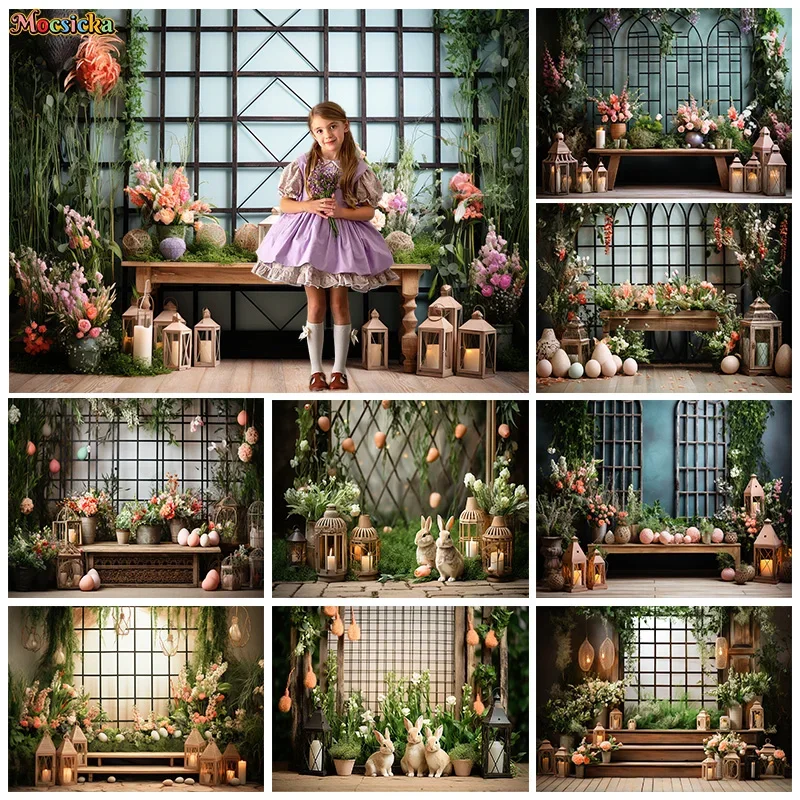 

Mocsicka Spring Easter Photography Backdrop Egg Bunny Background Kids Happy Birthday Party Cake Smash Tablecloth Studio Banner