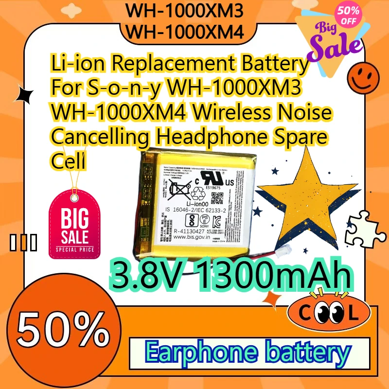 3.8V 1300mAh Li-ion Replacement Battery For S-o-n-y WH-1000XM3 WH-1000XM4 Wireless Noise Cancelling Headphone Spare Cell+tool
