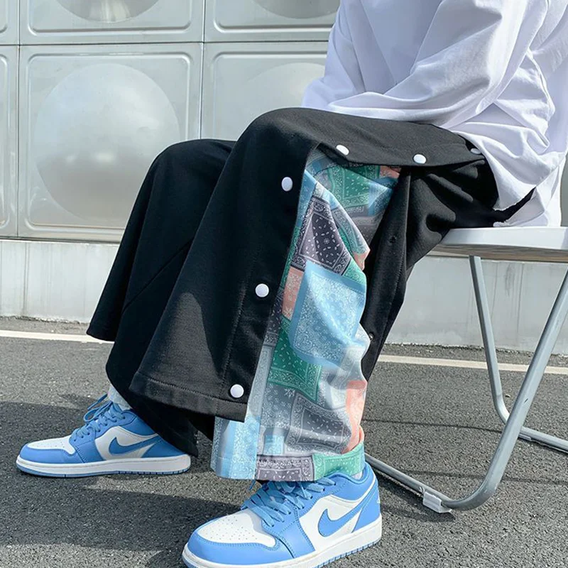 Spring Autumn Street Style Fake Two Pieces Buttons Pants Men Loose Casual Wide Leg All-match Fashion Sweatpants Male Trousers