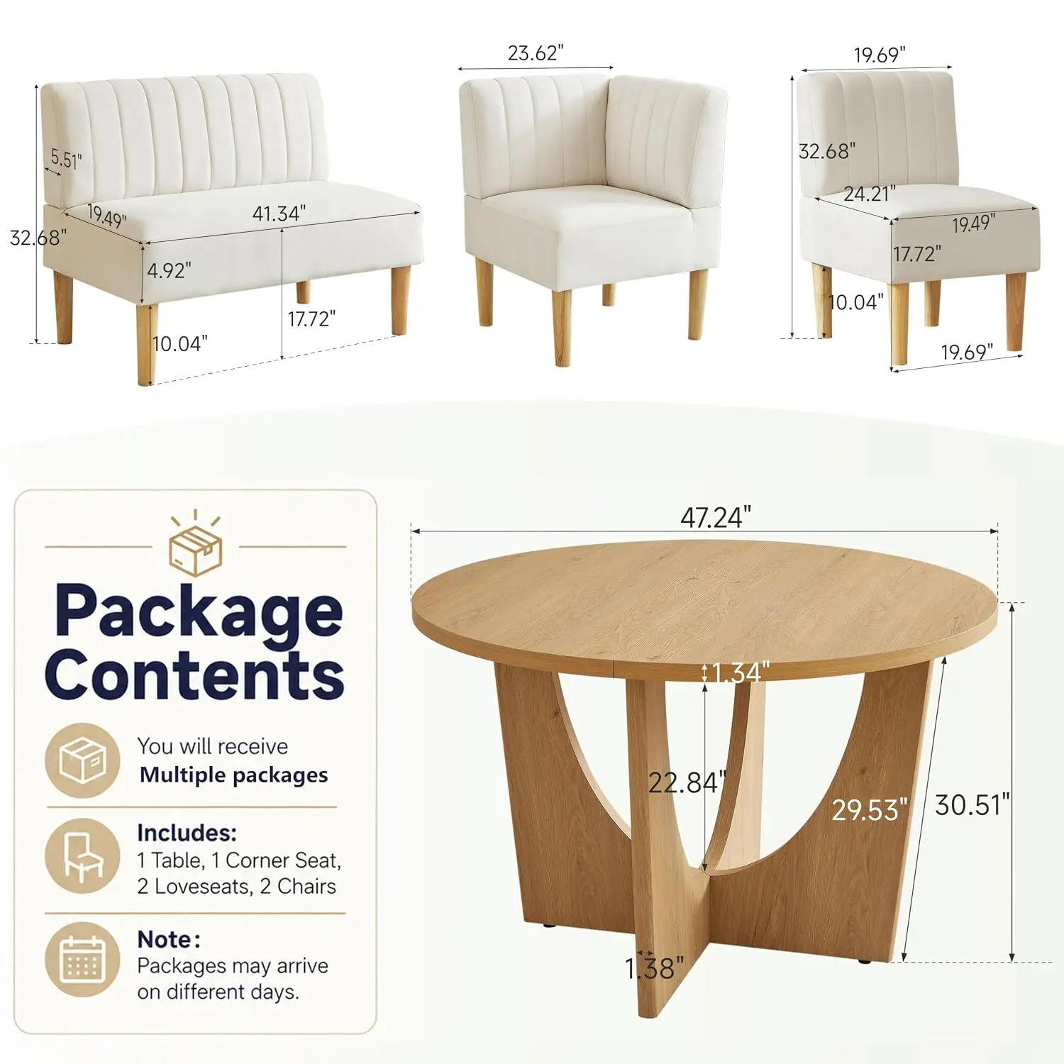 Round Dining Table Set with Loveseat & Chairs, 47 Inch Farmhouse 5-Piece Round Table Setting for 4 to 6, Wood, Customized