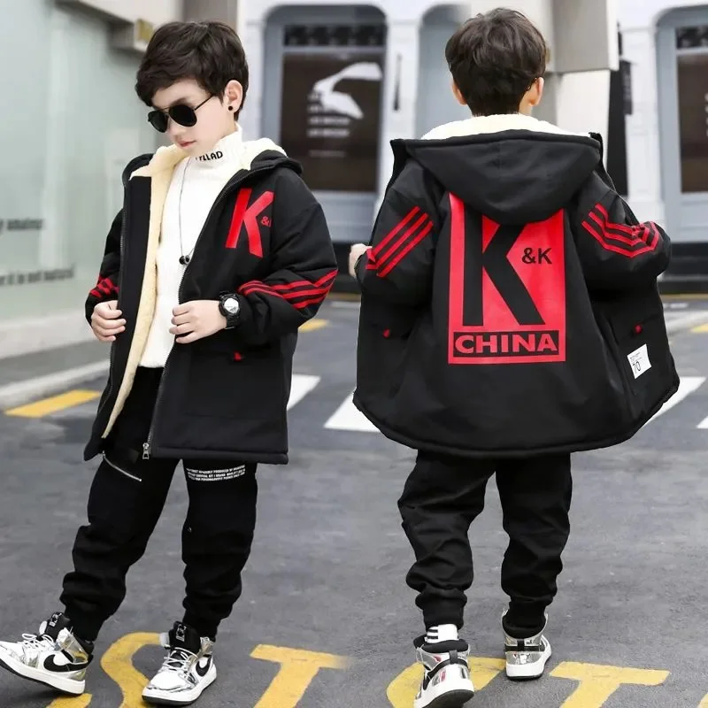 Boy Coat Winter 2024 New Plus Velvet Thicken Hooded Waterproof Warm Cotton Children Teenage Padded Jackets High Quality