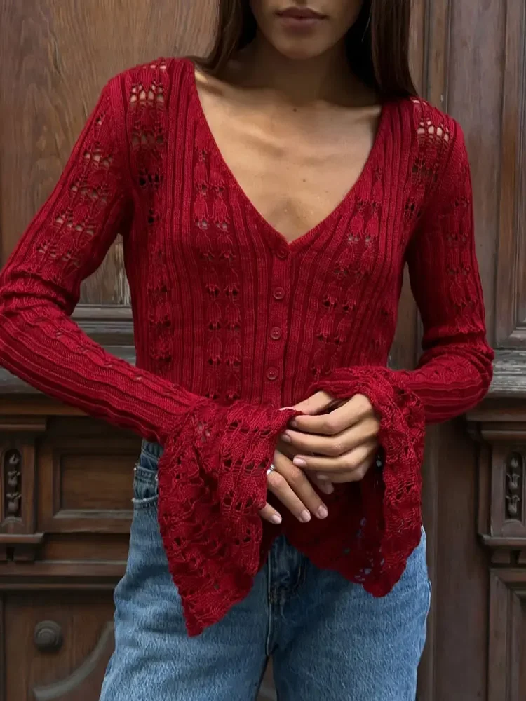 Knitwear Hollow Out Sweater Cardigan Women V-Neck Long Sleeve See-Through Cropped Top Summer Knit Patchwork Cardigan Top image 6