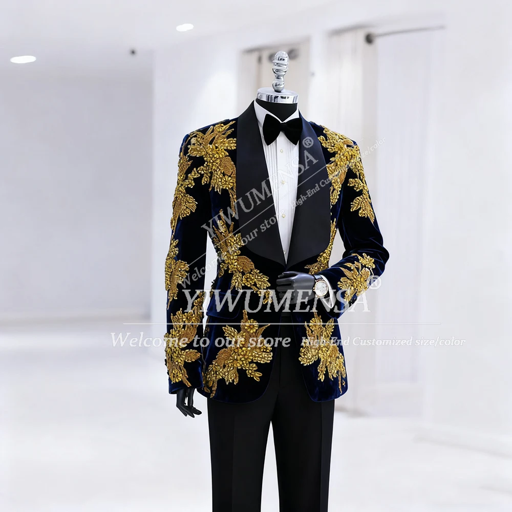 Luxury Gold Stone Appliuqes Suits Men 2 Pieces Sets Prom Blazer Customized Velvet Jacket With Solid Pants 2 Pieces Groom Tuxedos