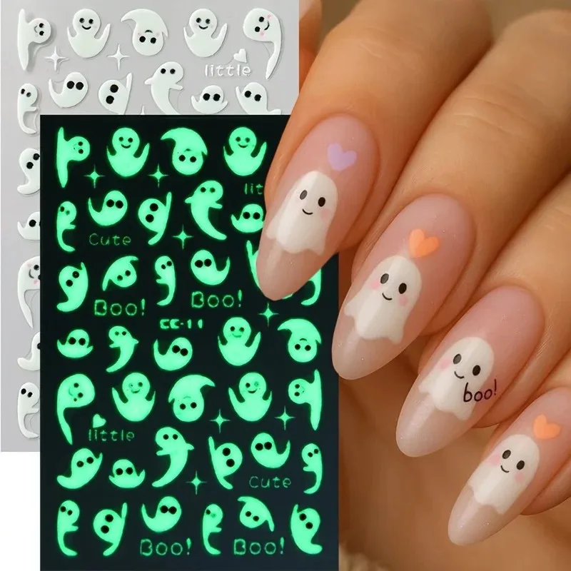 2pcs 3D Luminous Cute Ghost Halloween Nail Stickers Ghost Face Pattern Self-adhesive Sliders DIY Nail Supplies