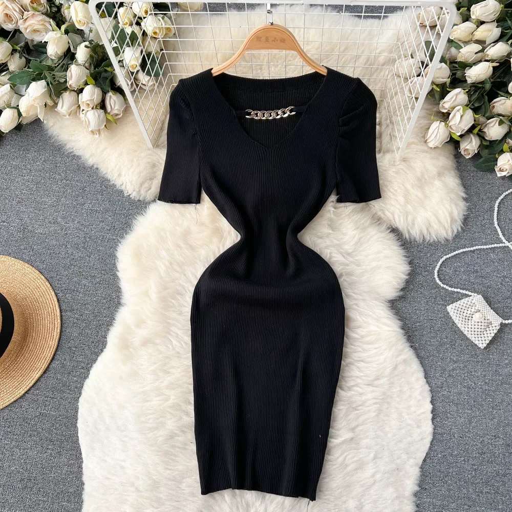 Chain Design Knitted Summer Dress Fashion Short Sleeves Korean Slim Dress Women Streetwear Elastic Short Party Mini Dress