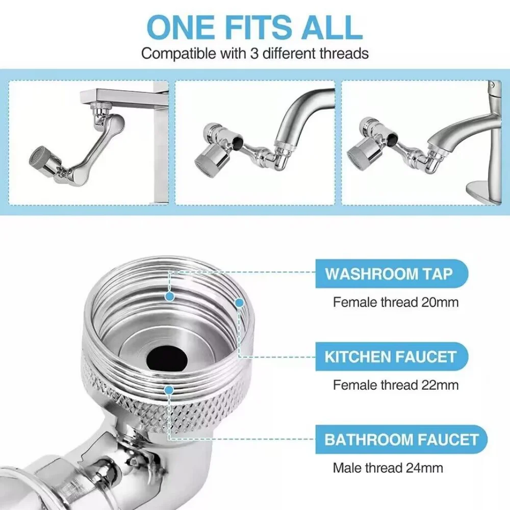 Metal Universal 1440 °Swivel Extension Faucet Aerator 2 Water Faucets Bubbler Nozzle for Kitchen Sink Tap Extender Sprayer Head