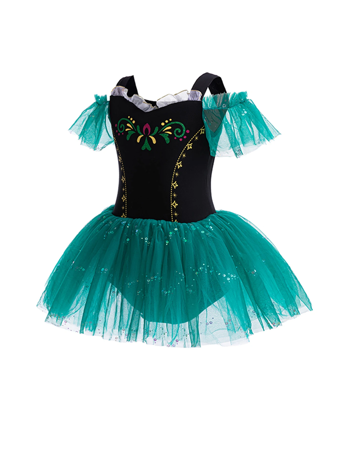 Sweet Girls Short Sleeve Layered Ballet Leotard Tutu for Dance Training - Cotton, Embellished Floral Design