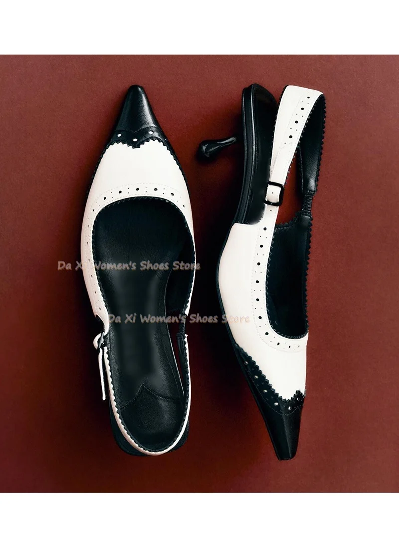 Women's Black And White Color-Blocking Low-Cut Shoes Pointed Tip Bullock Cutout / Openwork Decorate Kitten Heels Evening shoes