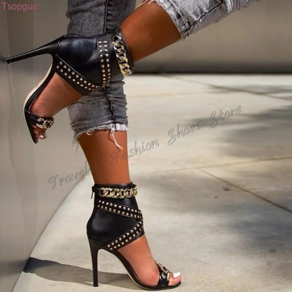 Black Rivet Decor Chain Decor Sandals Back Zipper Thin High Heels High Heel Shoes for Women  Heels 2024 New Zapatos Para Mujere