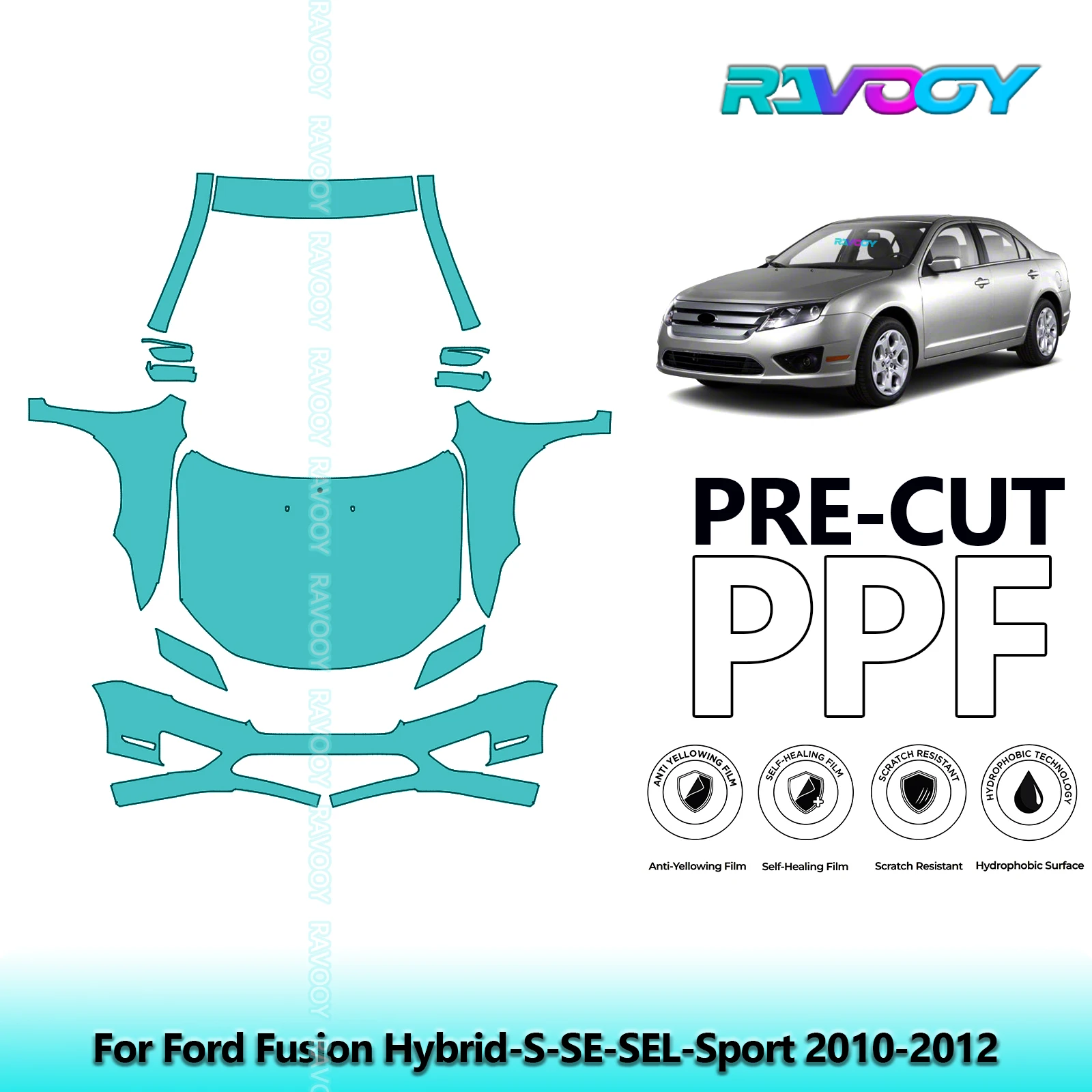 

8.5Mil Front Kit Precut Paint Protection Film PPF Clear Bra For Ford Fusion Hybrid-S-SE-SEL-Sport 2010-2012