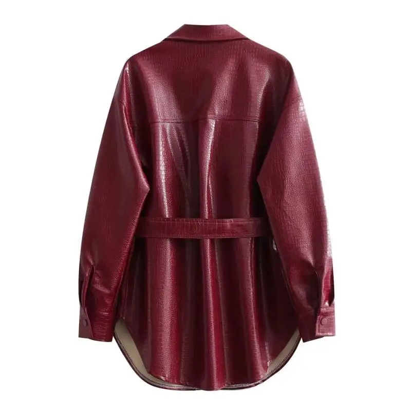 女性用アメリカンブロガー スレ PU レザー ジャエット ダブルケッツ ウエストベルト付き ワインレッド エメッドテクスチャー ストリートファション