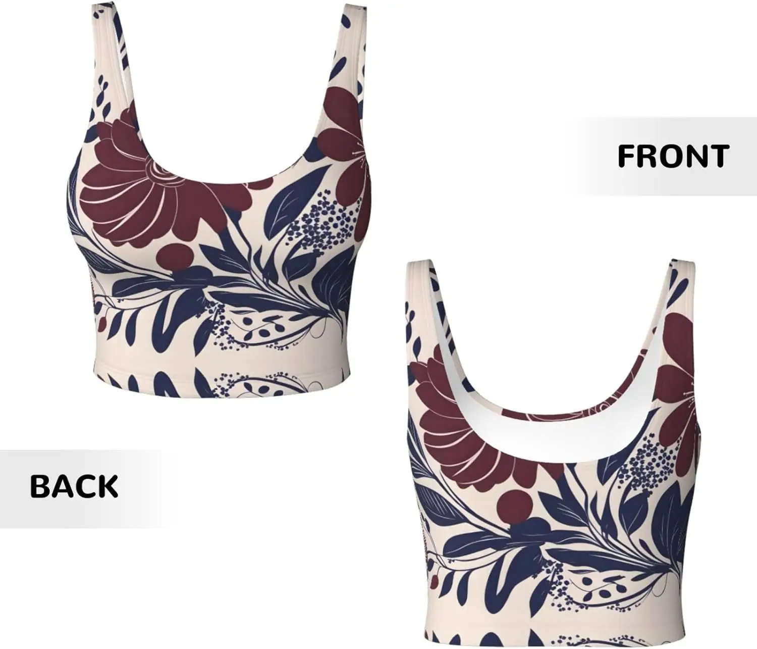 マルーンとネイビーの花柄プリント レディース スポーツ ベスト - 軽量で通気性に優れたヨガ ワークアウト フィットネス