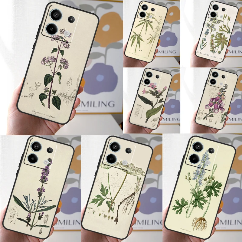 Botanical Drawings Flowers Plants Funda For Xiaomi Redmi Note 12 11 10 9 8 13 Pro Plus 12S 11S 10S 9S 10A 9C 10C 12C 13C Case