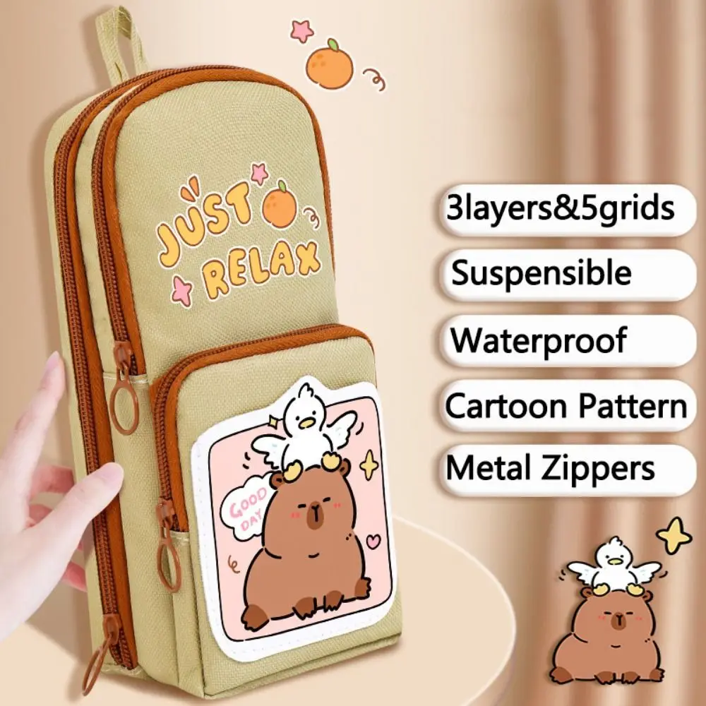 Adorável ins capivara caneta saco 3 camada criativo capibala lápis bolsa zíper grande capacidade dos desenhos animados lápis caso material de escritório